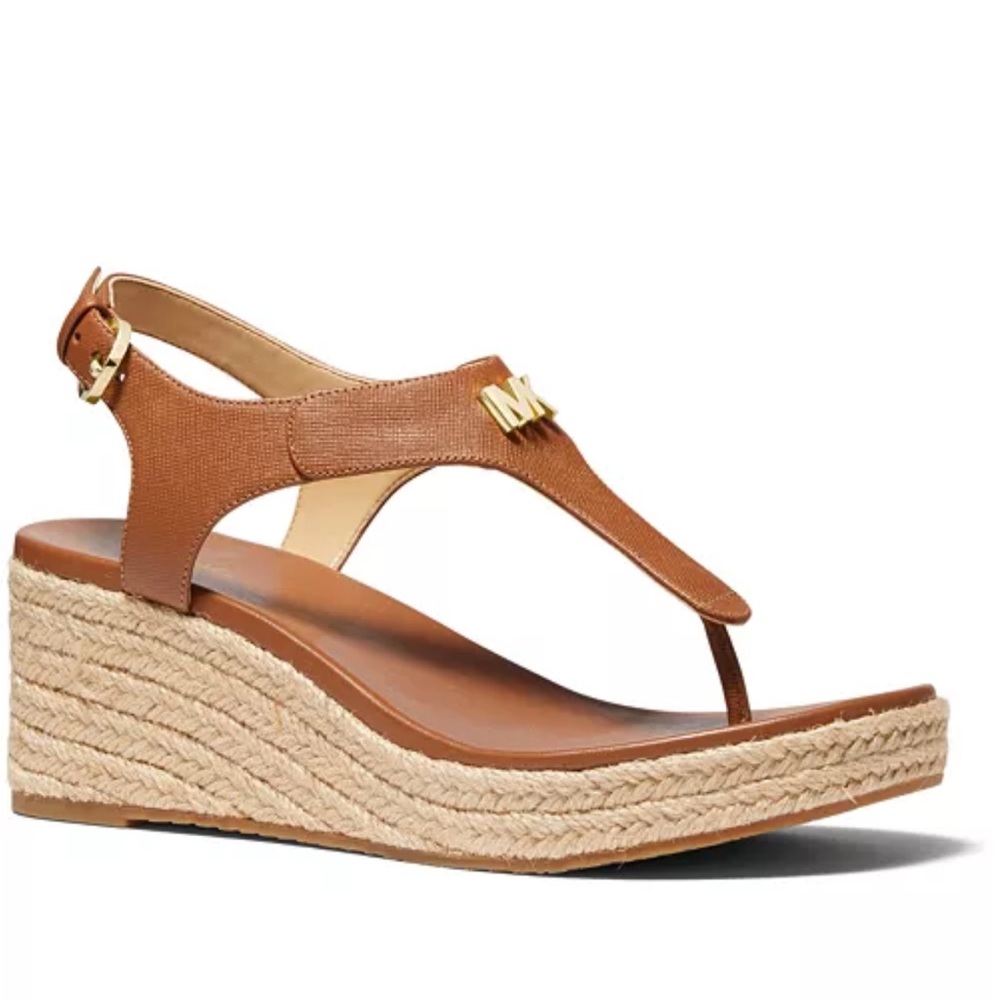 Michael Kors Brown Leather Espadrille Wedge Sandals with Gold Logo